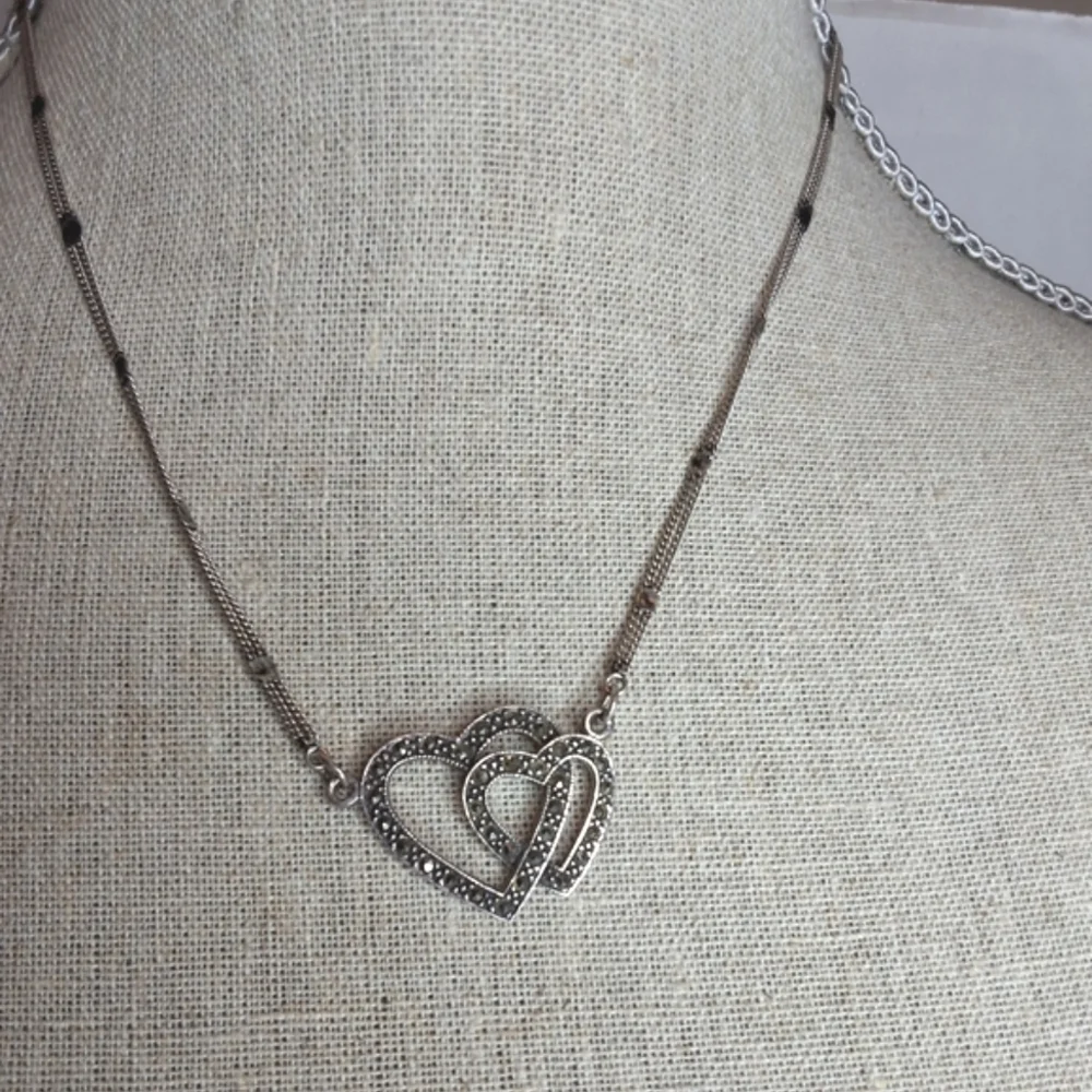 Vintage Sterling And Marcasite Enjoined Hearts Forever Necklace